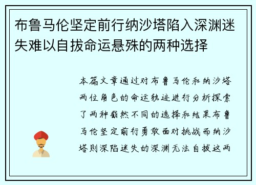 布鲁马伦坚定前行纳沙塔陷入深渊迷失难以自拔命运悬殊的两种选择