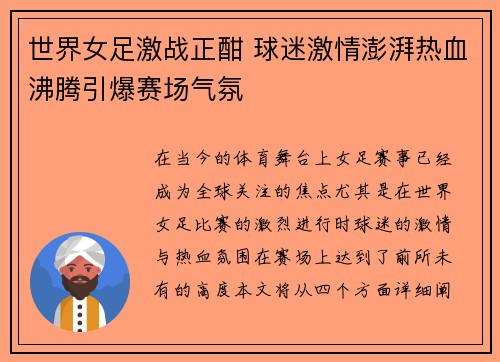 世界女足激战正酣 球迷激情澎湃热血沸腾引爆赛场气氛