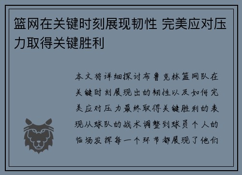 篮网在关键时刻展现韧性 完美应对压力取得关键胜利