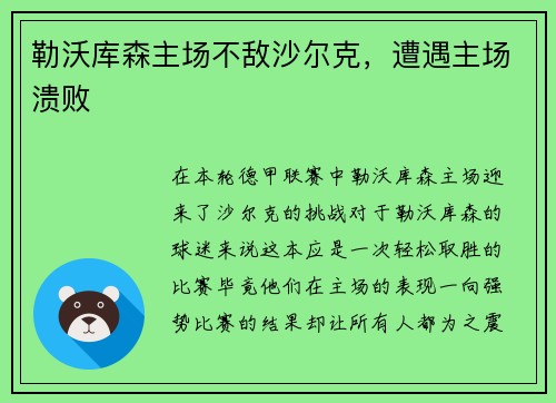 勒沃库森主场不敌沙尔克，遭遇主场溃败