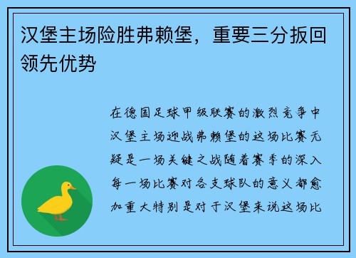 汉堡主场险胜弗赖堡，重要三分扳回领先优势